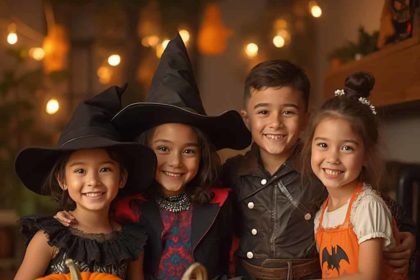 A group of children in colorful Halloween costumes smiling by a table of pumpkins, surrounded by festive party decorations.