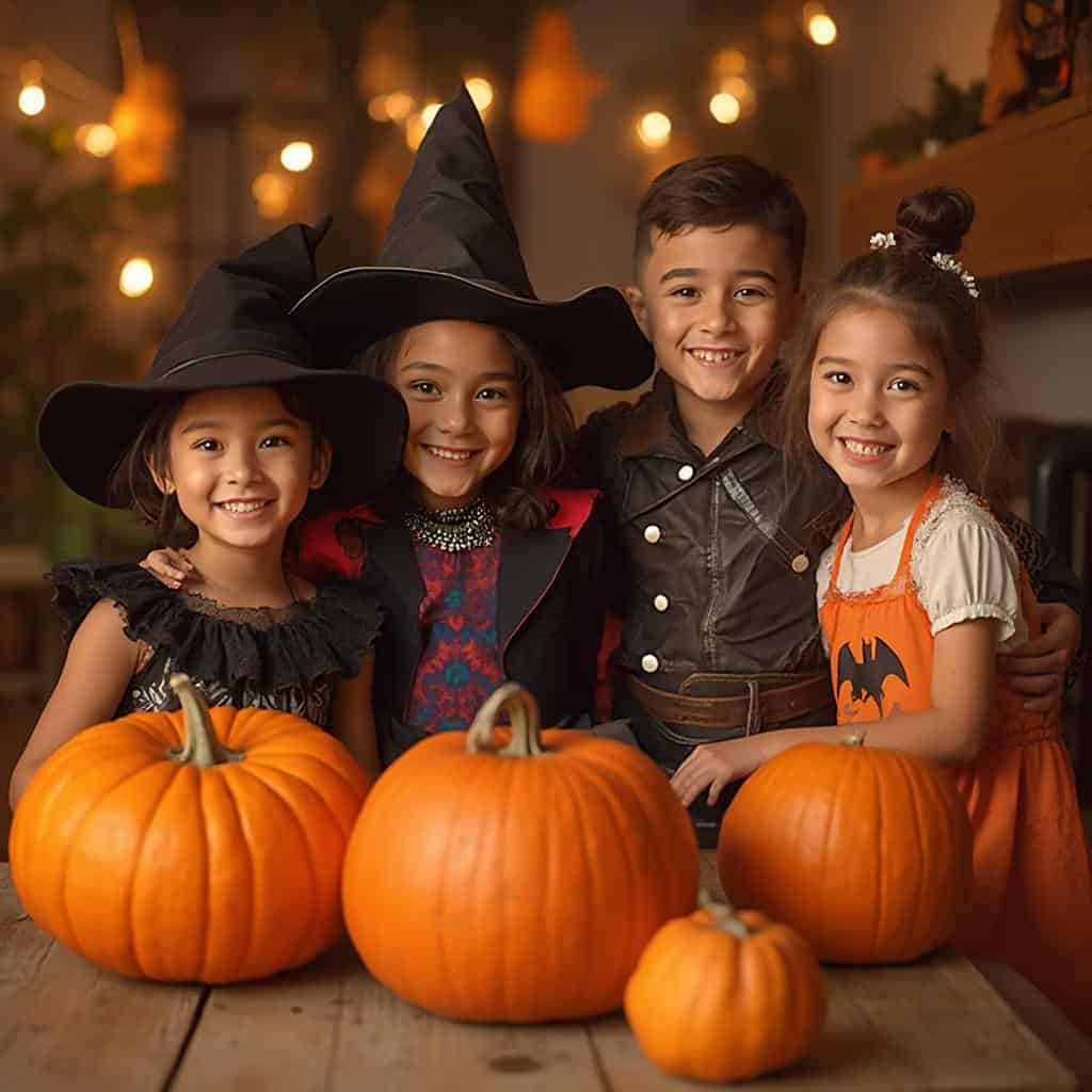 A group of children in colorful Halloween costumes smiling by a table of pumpkins, surrounded by festive party decorations.