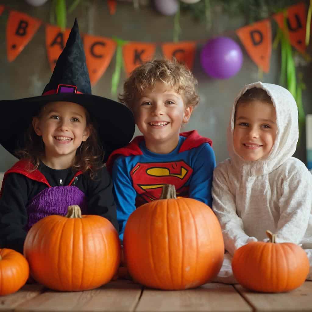 A group of children in colorful Halloween costumes smiling by a table of pumpkins, surrounded by festive party decorations.