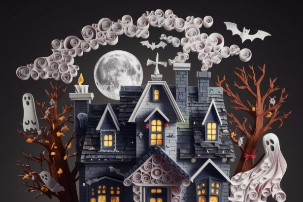 A haunting Halloween scene crafted from quilled paper art and 3D paper sculptures featuring a haunted house, ghost, and bat.