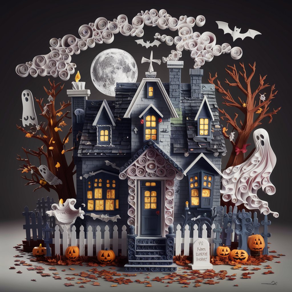 A haunting Halloween scene crafted from quilled paper art and 3D paper sculptures featuring a haunted house, ghost, and bat.