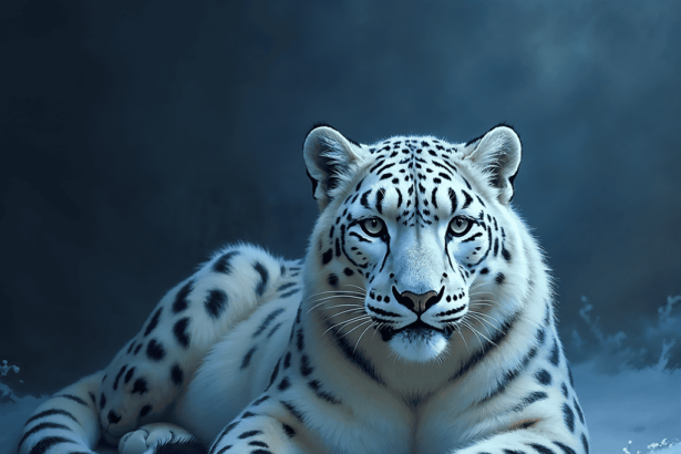 A majestic snow leopard resting in a digital painting influenced by expressionism, surrounded by a mystical blue glow and dramatic shadows.