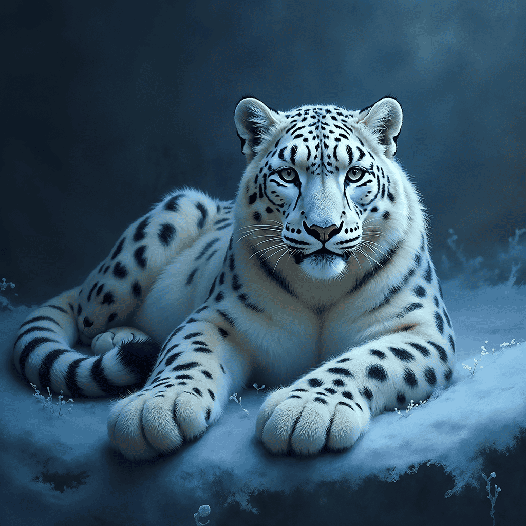 A majestic snow leopard resting in a digital painting influenced by expressionism, surrounded by a mystical blue glow and dramatic shadows.