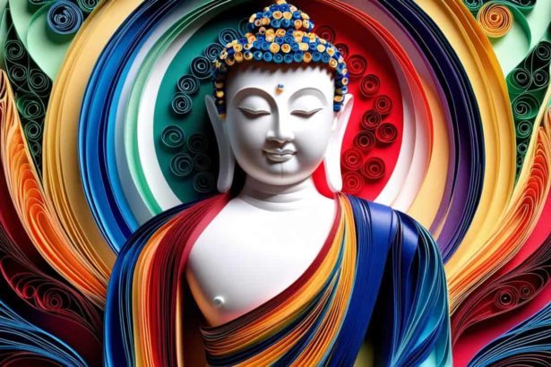 Paper quilling artwork of Buddha, featuring colorful swirling paper strips forming a serene figure with a peaceful expression and a mandala-like background.