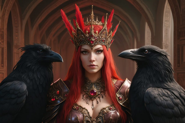 A regal queen with fiery red hair stands between two large ravens, set against the backdrop of an ornate hall with warm, red lighting.