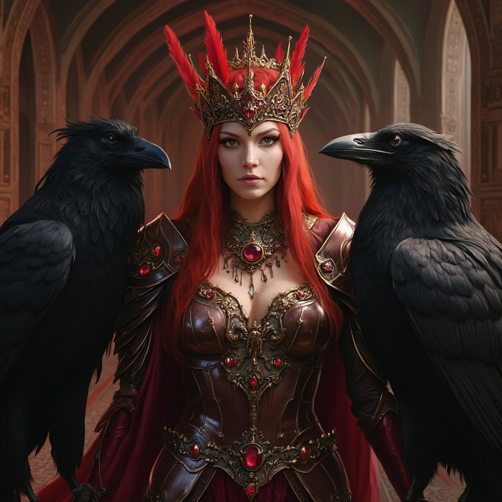 A regal queen with fiery red hair stands between two large ravens, set against the backdrop of an ornate hall with warm, red lighting.