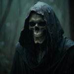 The Grim Reaper, cloaked in a tattered black robe, stands in a rain-soaked, dark landscape. His skeletal face reveals sunken eye sockets and a sinister grin.