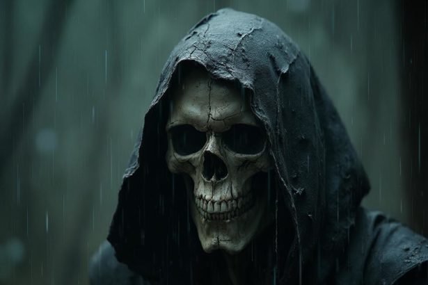 The Grim Reaper, cloaked in a tattered black robe, stands in a rain-soaked, dark landscape. His skeletal face reveals sunken eye sockets and a sinister grin.