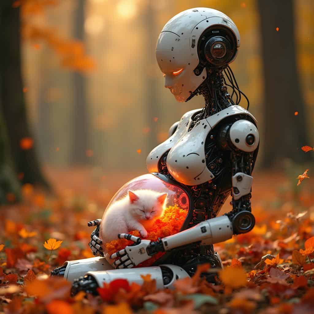 A pregnant robot woman with a transparent stomach where a white kitten sleeps on flowers, glowing softly in a magical forest.