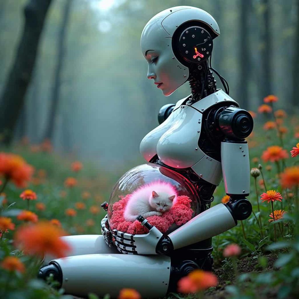 A pregnant robot woman with a transparent stomach where a white kitten sleeps on flowers, glowing softly in a magical forest.