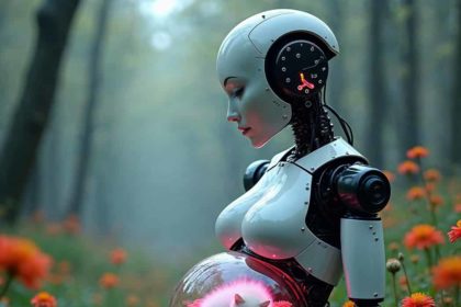 A pregnant robot woman with a transparent stomach where a white kitten sleeps on flowers, glowing softly in a magical forest.