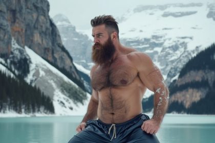 A muscular bodybuilder with a wild beard poses in a forest, with tall mountains and a lake in the background, showcasing his strength in nature.