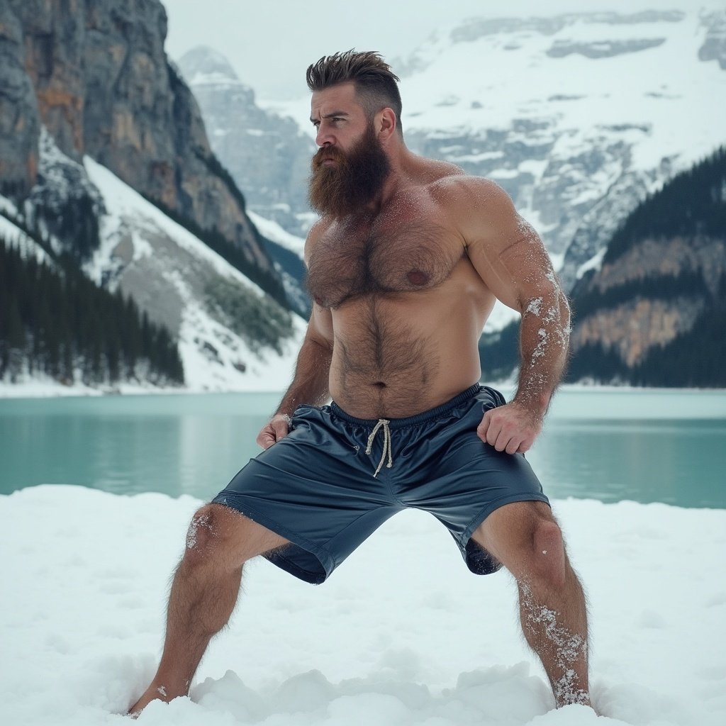 A muscular bodybuilder with a wild beard poses in a forest, with tall mountains and a lake in the background, showcasing his strength in nature.