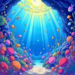 3D anime-inspired underwater scene with coral reefs, colorful fish, and sunlight piercing through water