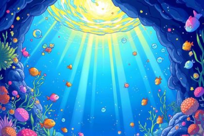 3D anime-inspired underwater scene with coral reefs, colorful fish, and sunlight piercing through water