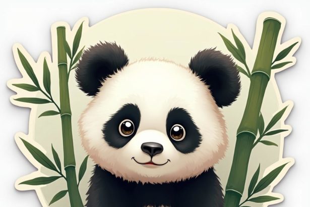 A cute 2D panda bear sticker with bamboo leaves in a playful pose.