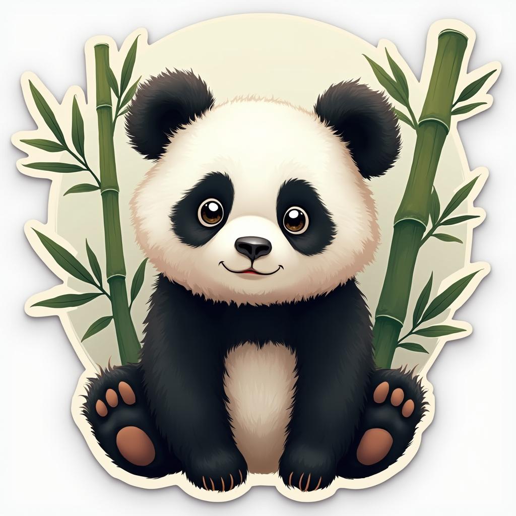 A cute 2D panda bear sticker with bamboo leaves in a playful pose.