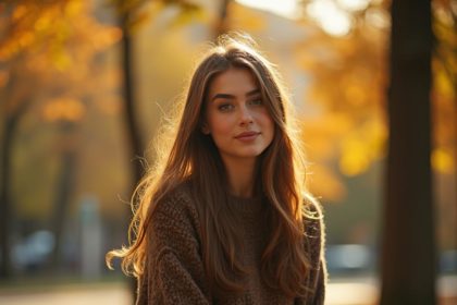 Portrait of a young woman sitting on a park bench in autumn, with soft sunlight and colorful leaves, creating a cozy and warm atmosphere.