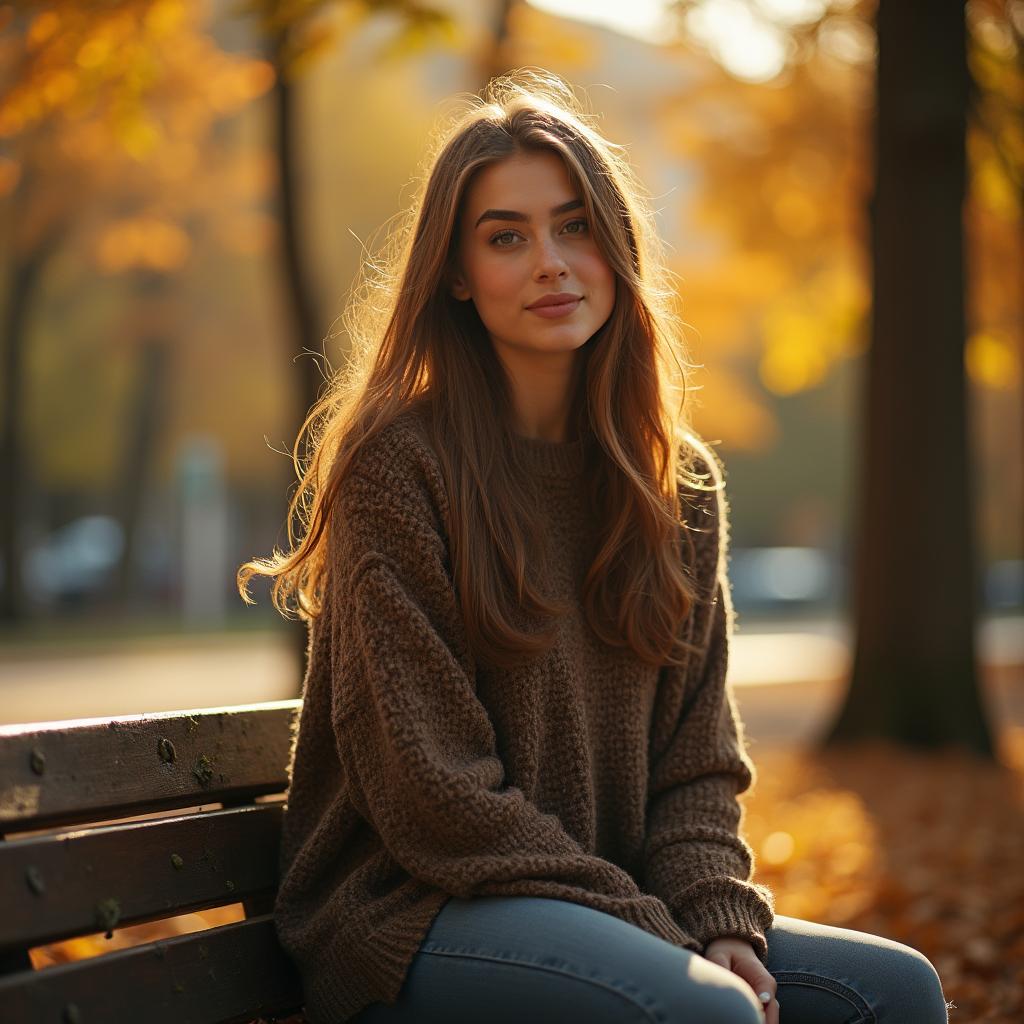 Portrait of a young woman sitting on a park bench in autumn, with soft sunlight and colorful leaves, creating a cozy and warm atmosphere.