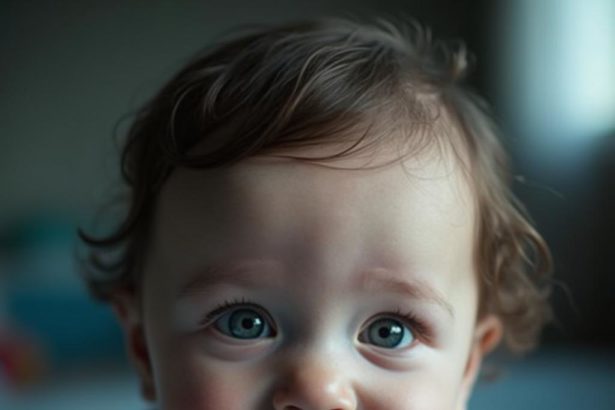 Close-up portrait of a baby with soft lighting and blurred nursery background.