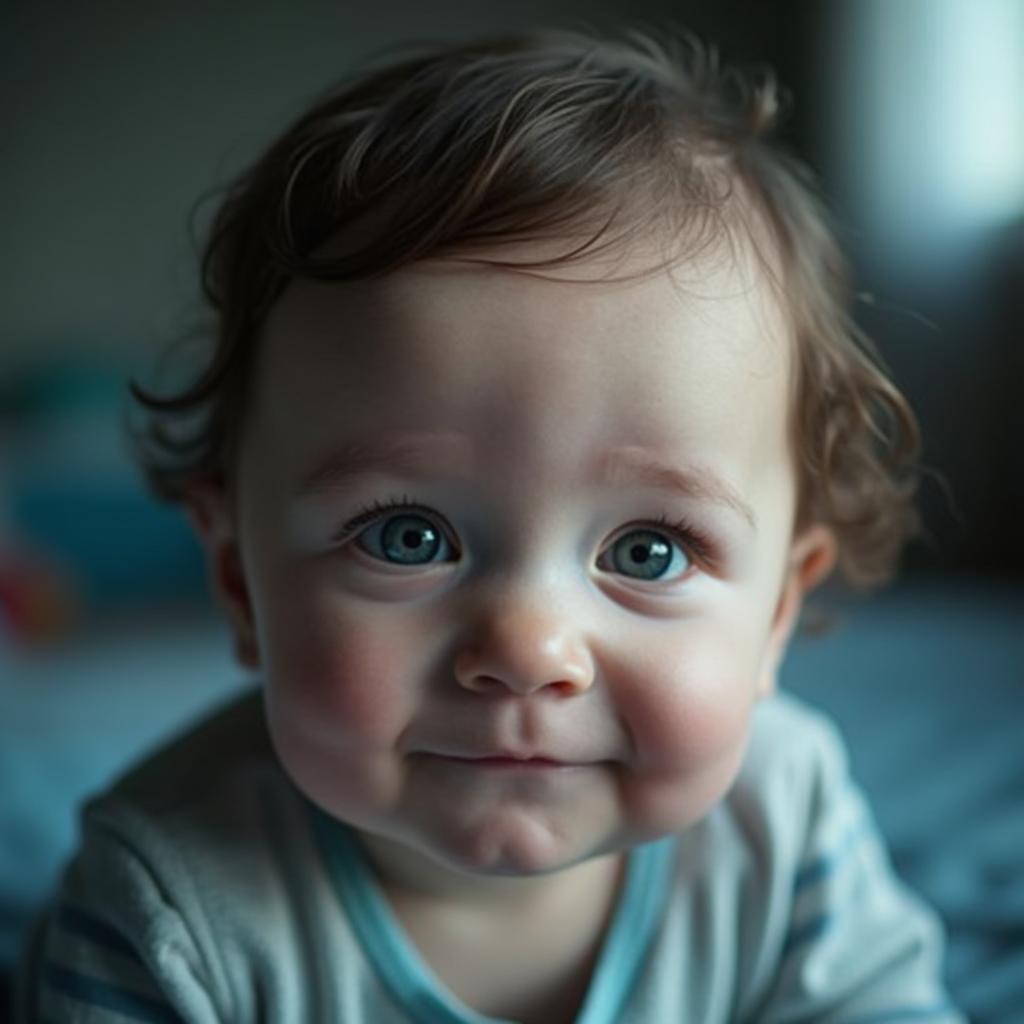 Close-up portrait of a baby with soft lighting and blurred nursery background.