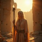 Photo-realistic image of a blind seer holding a crystal-topped staff, standing before ancient temple ruins with rays of sunlight highlighting their face.