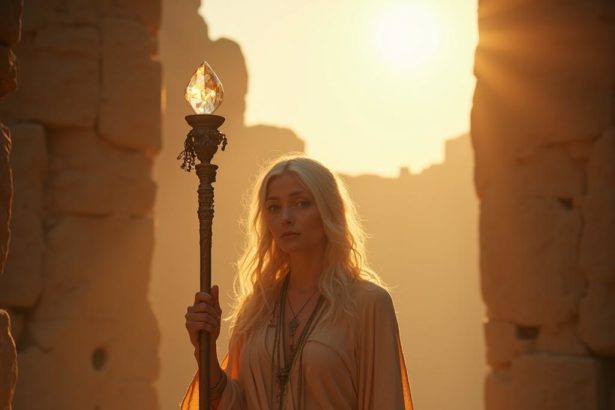 Photo-realistic image of a blind seer holding a crystal-topped staff, standing before ancient temple ruins with rays of sunlight highlighting their face.