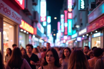 Realistic image of a busy city street at night, illuminated by neon lights with bustling crowds.