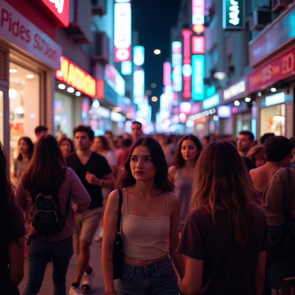 Realistic image of a busy city street at night, illuminated by neon lights with bustling crowds.