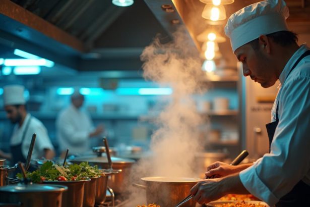 Photorealistic image of a chef preparing a dish in a busy kitchen.