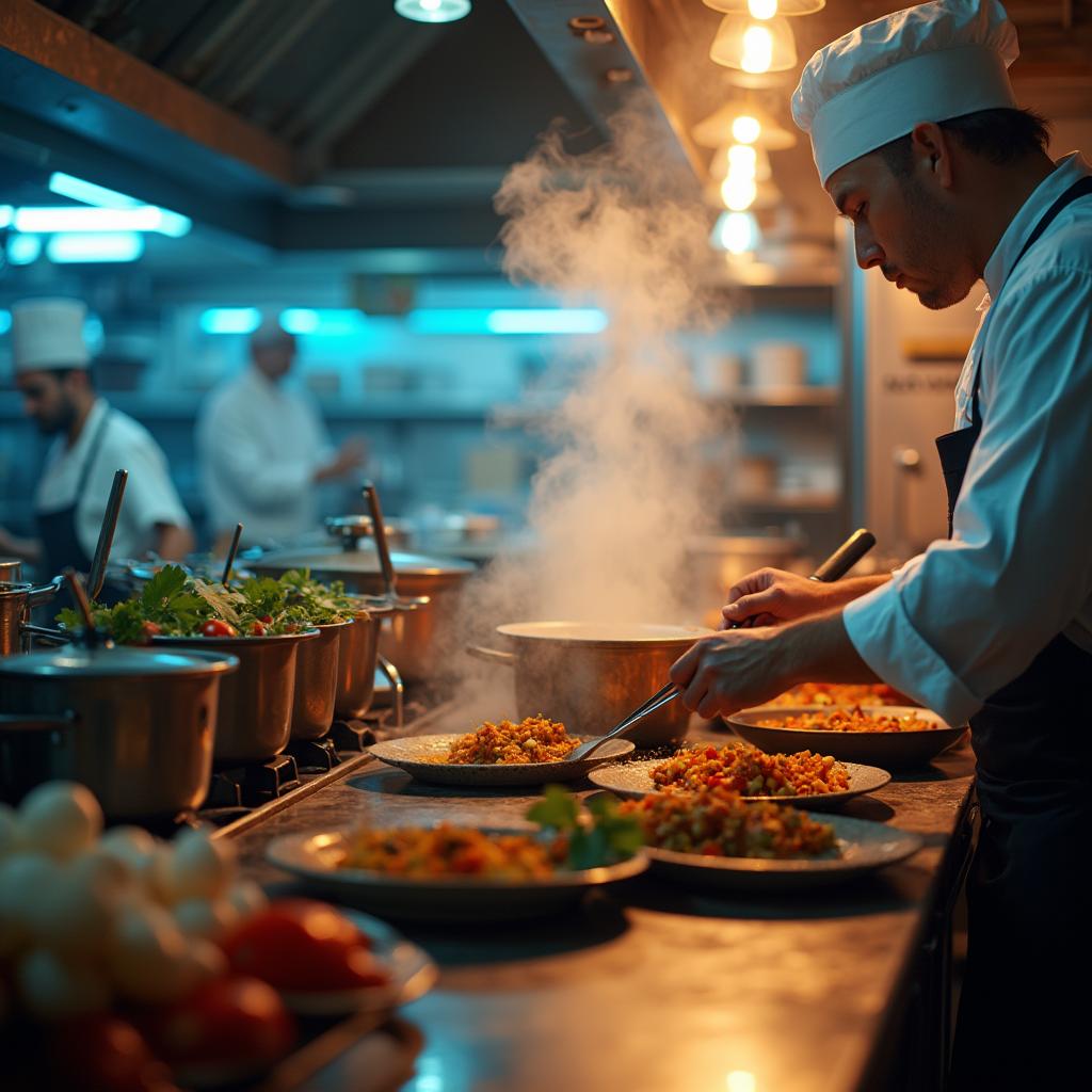 Photorealistic image of a chef preparing a dish in a busy kitchen.