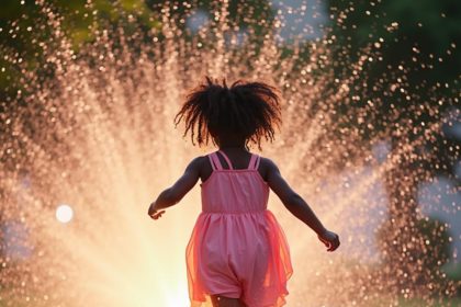 Realistic image of a young child running through a sprinkler on a hot summer day, with water droplets in the air.