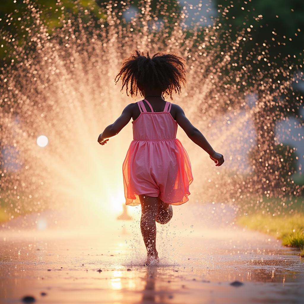 Realistic image of a young child running through a sprinkler on a hot summer day, with water droplets in the air.