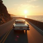 Realistic image of a classic car cruising down a coastal road at sunset with the ocean in the background.