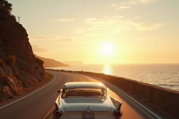 Realistic image of a classic car cruising down a coastal road at sunset with the ocean in the background.