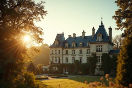 Elegant French chateau in the countryside with golden sunset lighting and lush gardens