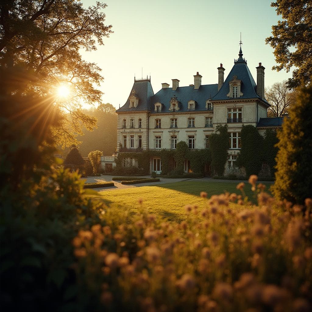 Elegant French chateau in the countryside with golden sunset lighting and lush gardens