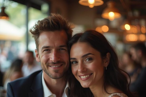 Portrait of a couple sitting together in a coffee shop with a blurry backdrop of patrons.