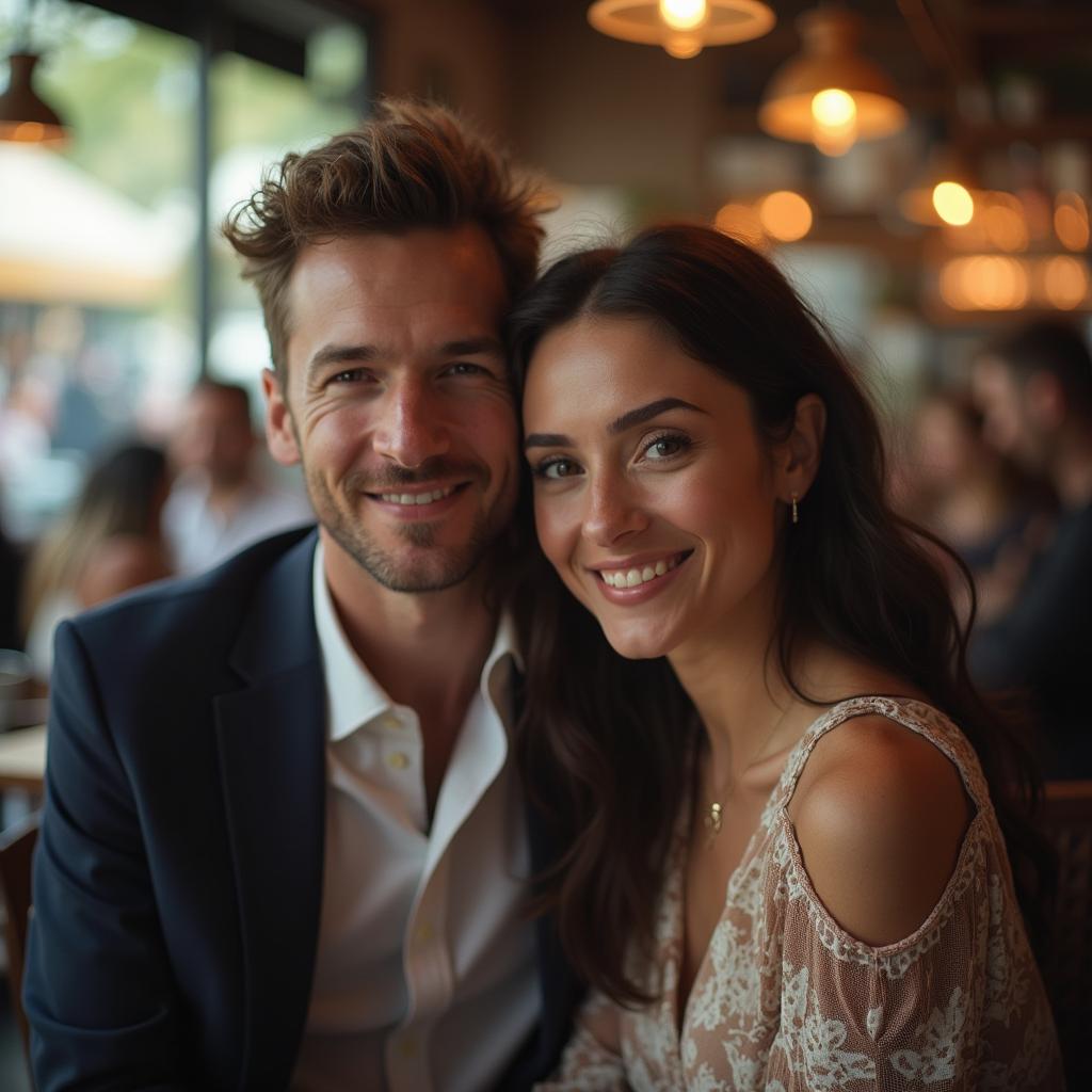 Portrait of a couple sitting together in a coffee shop with a blurry backdrop of patrons.