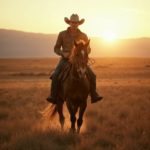 Photorealistic portrait of a cowboy riding a horse at sunset in a vast, open field with warm, natural lighting.