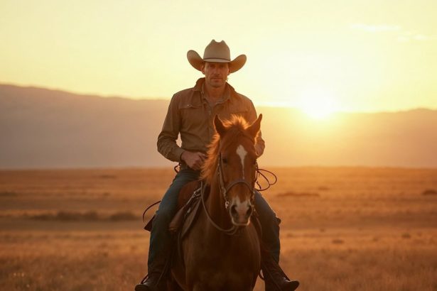 Photorealistic portrait of a cowboy riding a horse at sunset in a vast, open field with warm, natural lighting.