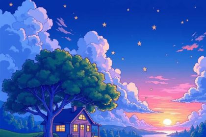 Serene twilight landscape with a cozy cabin, starry sky, and lush meadow