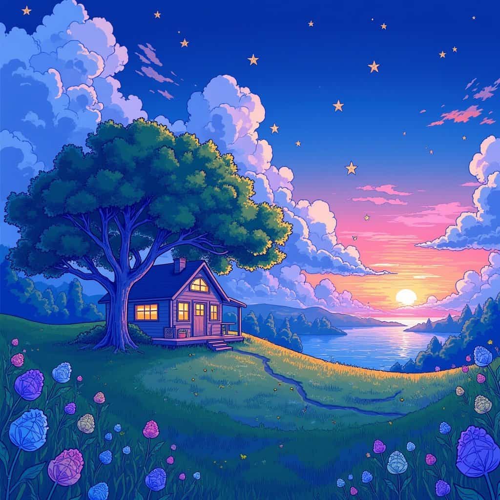 Serene twilight landscape with a cozy cabin, starry sky, and lush meadow