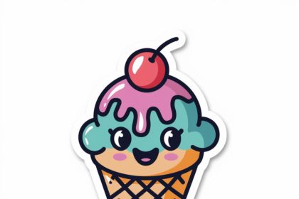 Adorable ice cream cone sticker with cherry on top and colorful details.