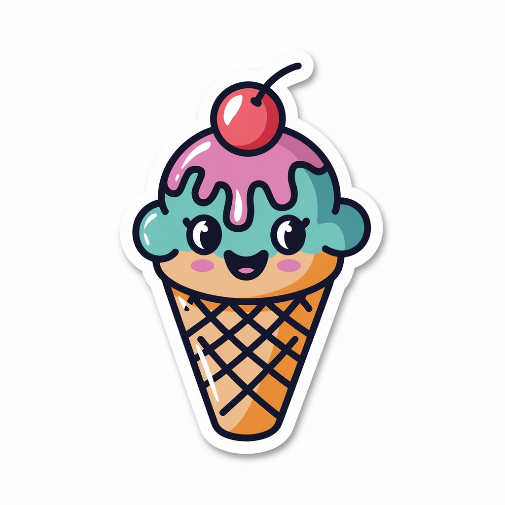 Adorable ice cream cone sticker with cherry on top and colorful details.