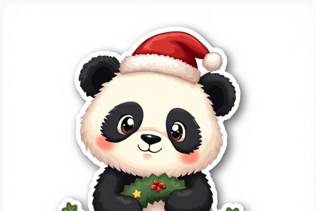 Cartoon sticker of a cute panda wearing a Santa hat, surrounded by Christmas decorations on a white background.