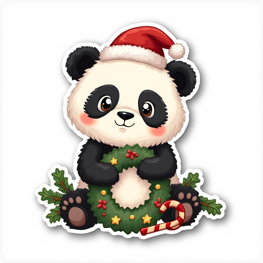 Cartoon sticker of a cute panda wearing a Santa hat, surrounded by Christmas decorations on a white background.