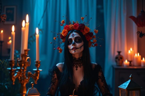 Elegant woman with Day of the Dead face paint at a candlelit table