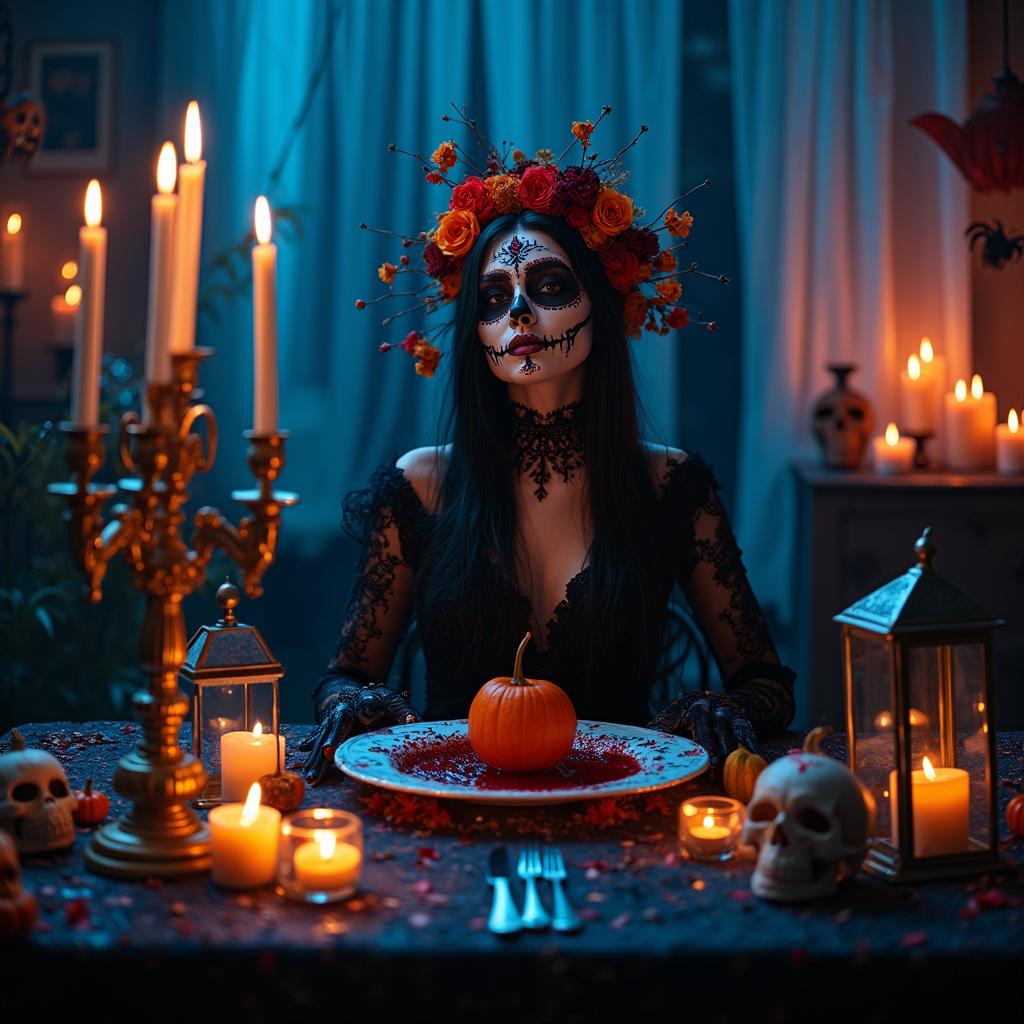 Elegant woman with Day of the Dead face paint at a candlelit table