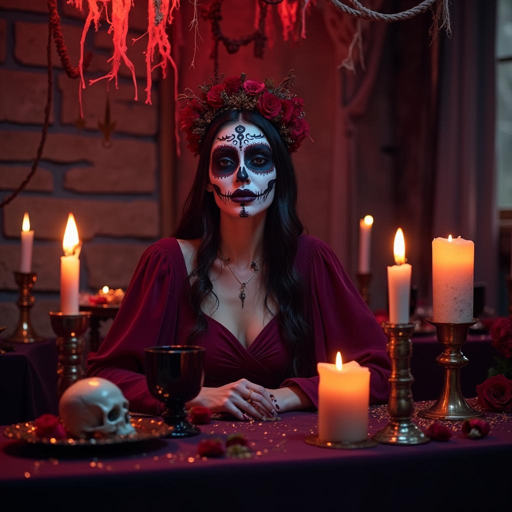 Woman with skeleton crown and Day of the Dead face paint at altar table